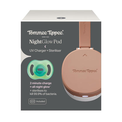 Tommee Tippee NightGlow Pod with 0-6 Month Ultra-Light NightGlow Pacifier, Charge Glow in the Dark Pacifiers in 2 Minutes, Portable UVC Paci Sterilizer, Adjustable Strap, AA Battery or USB Powered