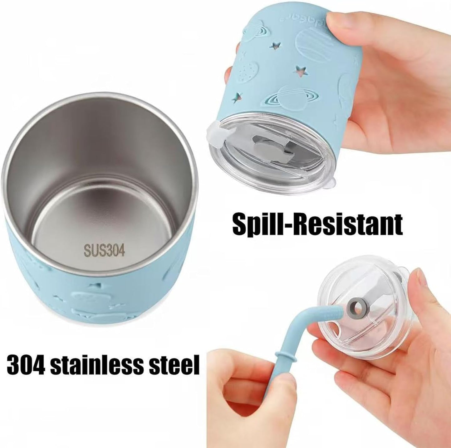 PandaEar Stainless Steel Baby Feeding Set | 2 Divided Suction Plates, 2 Spill-Proof Straw Cups with Silicone Sleeves, 2 Forks & 2 Spoons | Toddler Utensils for Baby Led Weaning, BPA-Free (Pink)