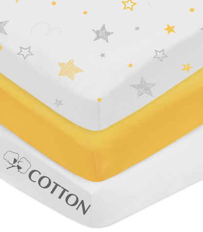 American Baby Company 3 Pack 100% Natural Cotton Fitted Pack and Play Sheets 39" x 27" - Soft & Breathable Pack N Play Sheets for Playard & Mini Crib Mattress, Yellow Star/Yellow/White, for Boy & Girl