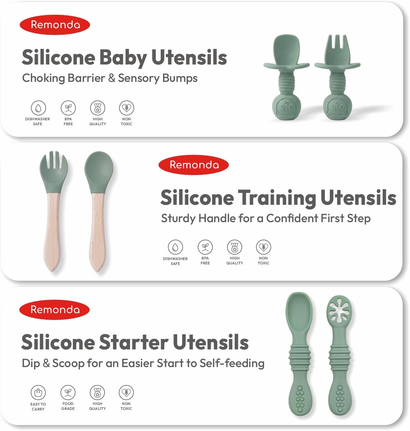 Remonda 23-Piece BPA-Free Silicone Baby Feeding Set | Extra Large Suction Plates, Toddler Bowls, Self Feeding Spoons, and More | Dishwasher Safe| Baby Led Weaning Supplies (Green）01