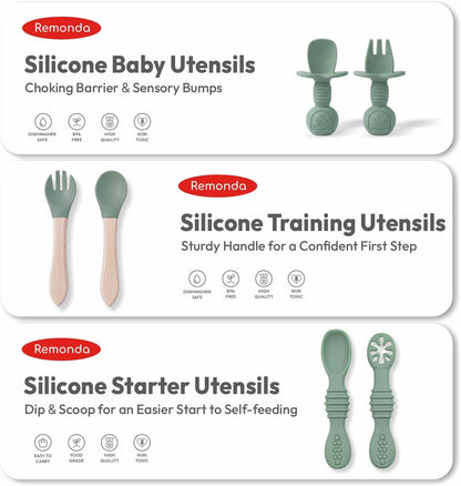 Remonda 23-Piece BPA-Free Silicone Baby Feeding Set | Extra Large Suction Plates, Toddler Bowls, Self Feeding Spoons, and More | Dishwasher Safe| Baby Led Weaning Supplies (Green）01