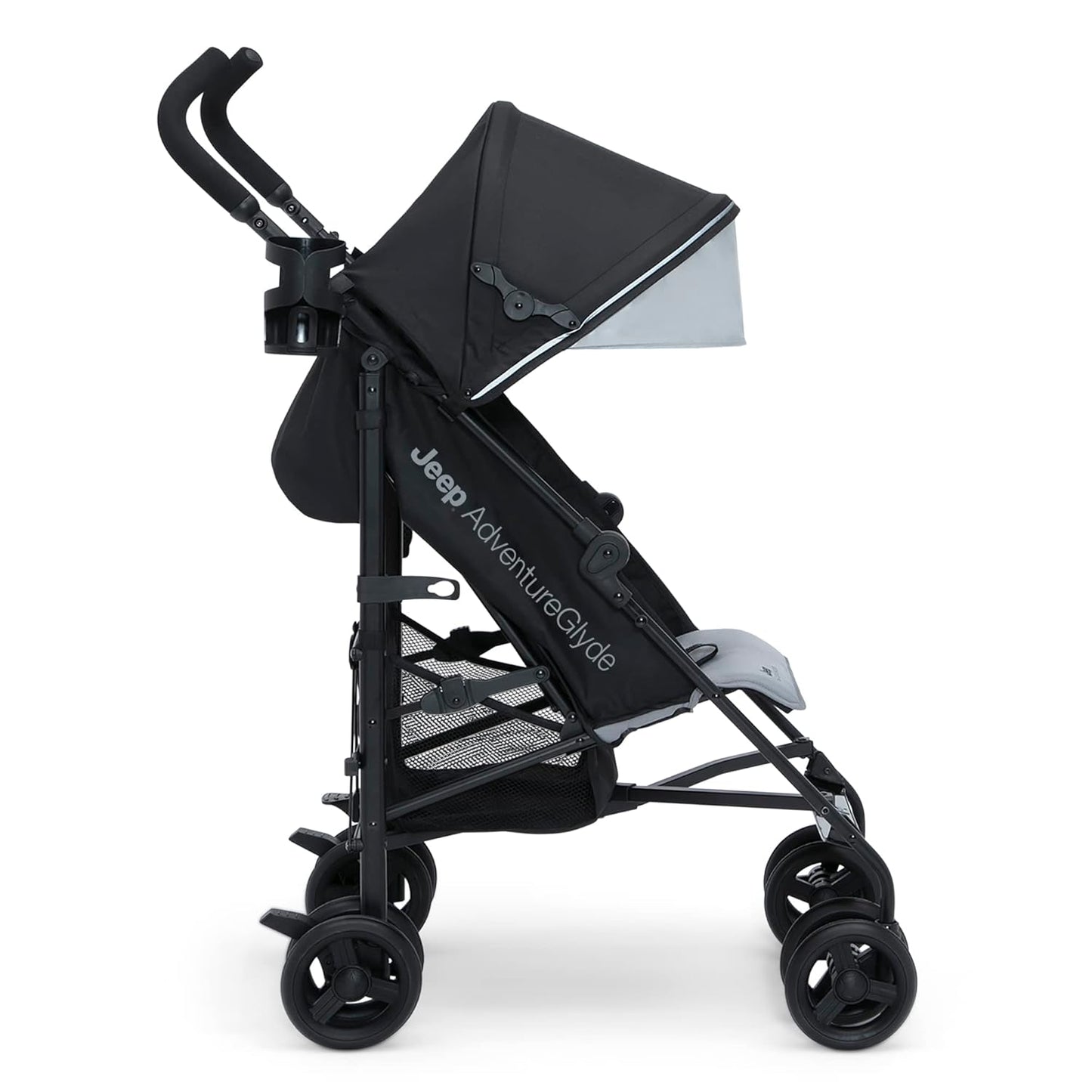 Jeep AdventureGlyde Stroller by Delta Children - Lightweight Travel Stroller with Smoothest Ride & Compact Fold, 3-Position Recline, Extra Large Storage Basket, Black/Grey