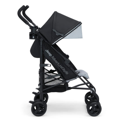 Jeep AdventureGlyde Stroller by Delta Children - Lightweight Travel Stroller with Smoothest Ride & Compact Fold, 3-Position Recline, Extra Large Storage Basket, Black/Grey