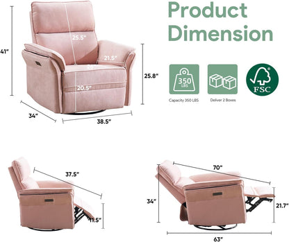Oversized Swivel Rocker Recliner with Adjustable Headrest, Rocking Chair Nursery with Overstuffed Armrest, Manual Rocker Recliner Nursery Chair for Living Room, White