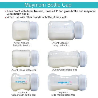 Maymom Wide-Mouth Milk Storage Feeding Collection Bottle with Nipple, Dome Cap, Bottle Top, SureSeal Sealing Disk; Compatible with Spectra Pump/Motif Luna; 5 pc (4.7Oz/140mL)