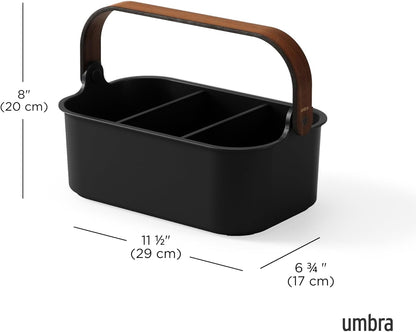Umbra Bellwood Stackable Bin, 14" x 10" Durable Lightweight Container with Wooden Handle and Removable Dividers, Black/Walnut