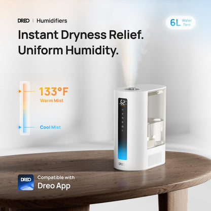 DREO 6L Humidifiers for Bedroom, Smart Warm & Cool Mist for Large Room, 60Hr Quiet Runtime for Baby, Plant, Humidity Sensor, Indicator Light, 12H Timer, Google/Alexa, HM713S