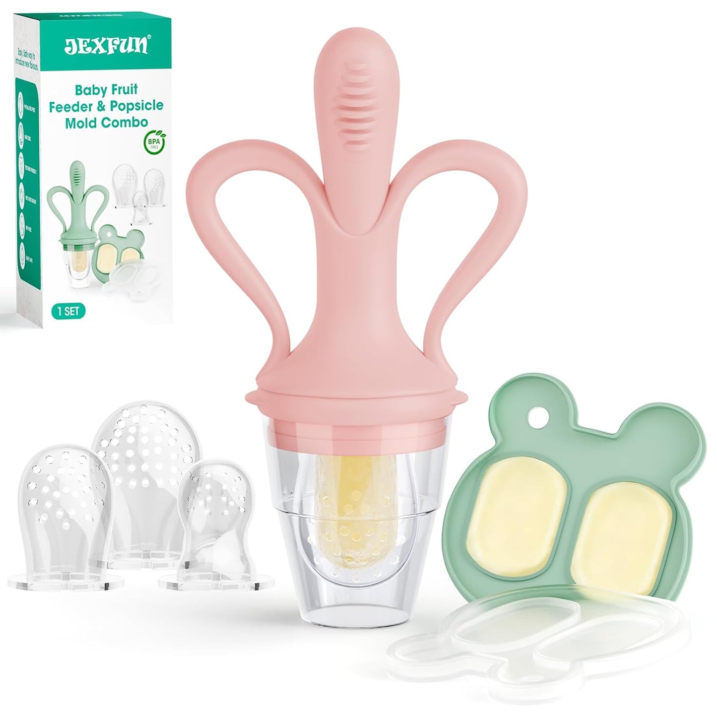 JEXFUN Baby Fruit Feeder & Breastmilk Popsicle Mold Set, Silicone Food Feeder Pacifier for Cooling Relief with 3 Replaceable Pouches, BPA-Free Teething Toy for Safe Infant Self Feeding (Pea Green)