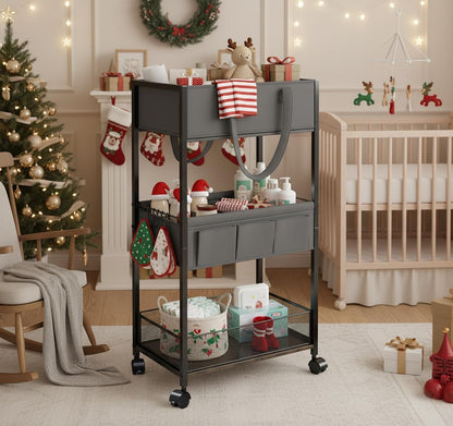 Diaper Caddy Organizer and Storage, 3-Tier Baby Storage Organizers with 2+2 Dividers, Large Capacity Diaper Rolling Cart for Nursery, Diaper Caddy Cart for Crib, Bedroom, Bathroom