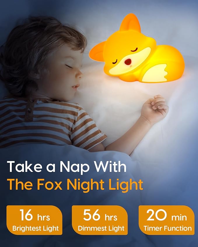 Amaredom Fox Night Light, Cute Fox Lamp, Silicone Dimmable Nursery Nightlight, Rechargeable LED Bedside Lamp with 20 Minutes Timer & Tap Control for Bedrooms, Living Room