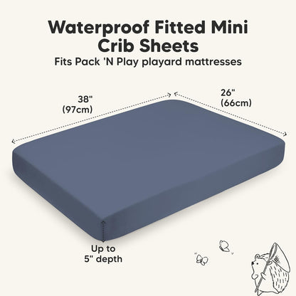 2-Pack Waterproof Pack and Play Sheets, Mini Crib Sheets Fitted for Boy, Girl - 38 x 26 Viscose from Bamboo Pack N Play Mattress Sheets for Graco, Toddler Playard Baby Crib Sheets Neutral (Blue Flax) - Colors B