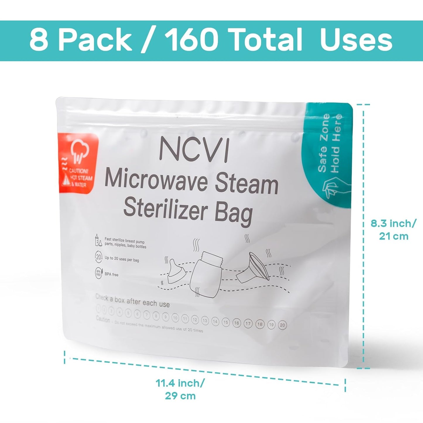NCVI Microwave Steam Sterilizer Bag for Baby Bottles 8 Count(160 Uses), Large Reusable Travel Sterilization Pouches, Disinfection Container for Baby Teether, Pacifiers and Breast Pump Accessories