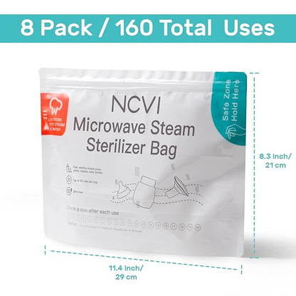 NCVI Microwave Steam Sterilizer Bag for Baby Bottles 8 Count(160 Uses), Large Reusable Travel Sterilization Pouches, Disinfection Container for Baby Teether, Pacifiers and Breast Pump Accessories