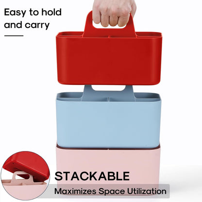 Multiuse Caddy Organizer with Handle, Portable Divided Plastic Tote Bin - Art Craft, Stationary Pen Marker Crayons, Makeup Hair Supplies Storage - Bathroom, Classroom, Dorm, Office, Desk Holder - Pink