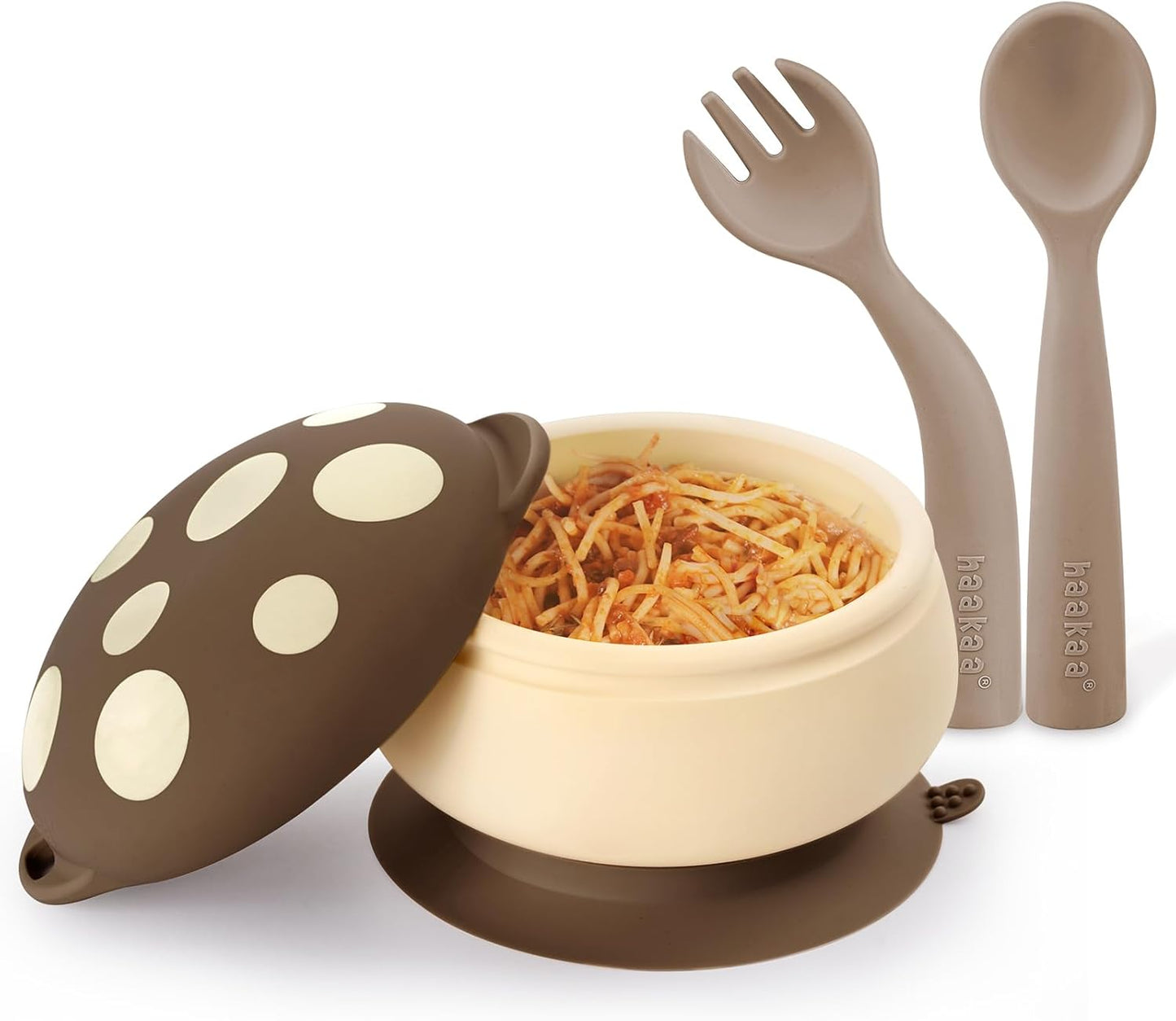 haakaa Silicone Mushroom Bowl & Bendy Cutlery Set – Baby Bowls with Suction & Spillproof Lid, Baby Spoons & Forks for Self Feeding, BPA-Free - Toast