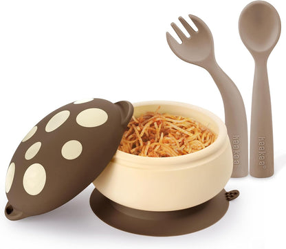 haakaa Silicone Mushroom Bowl & Bendy Cutlery Set – Baby Bowls with Suction & Spillproof Lid, Baby Spoons & Forks for Self Feeding, BPA-Free - Toast