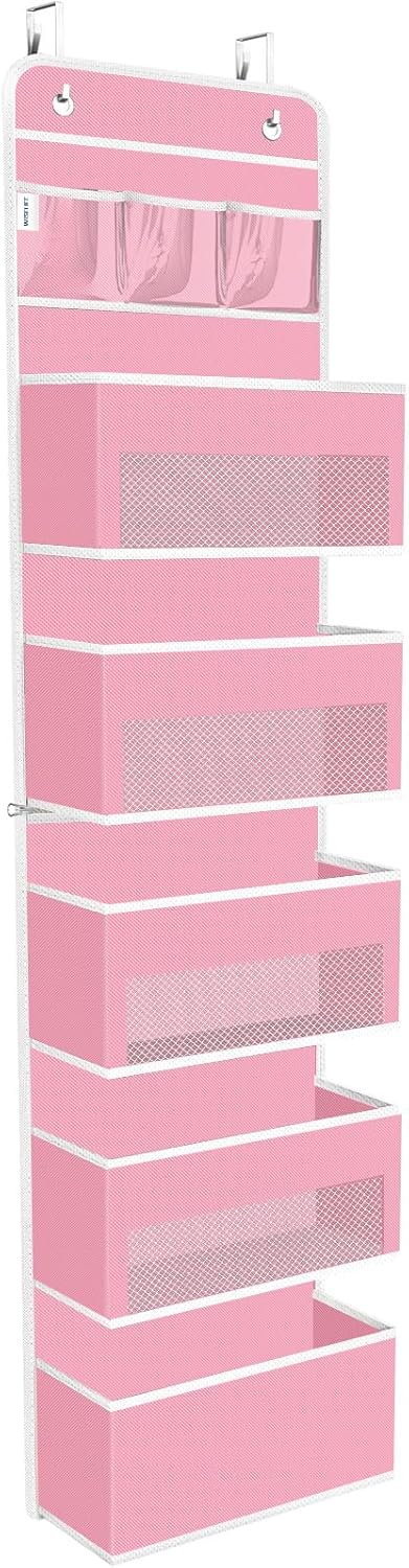 WISELIFE Over The Door Organizer Storage 4 Shelves Large Capacity Hanging Bedroom Storage Solution with 6 Side Pockets for Dorm Bathroom Pantry Nursery and Baby Essentials Holds up to 40 Lbs (Black)
