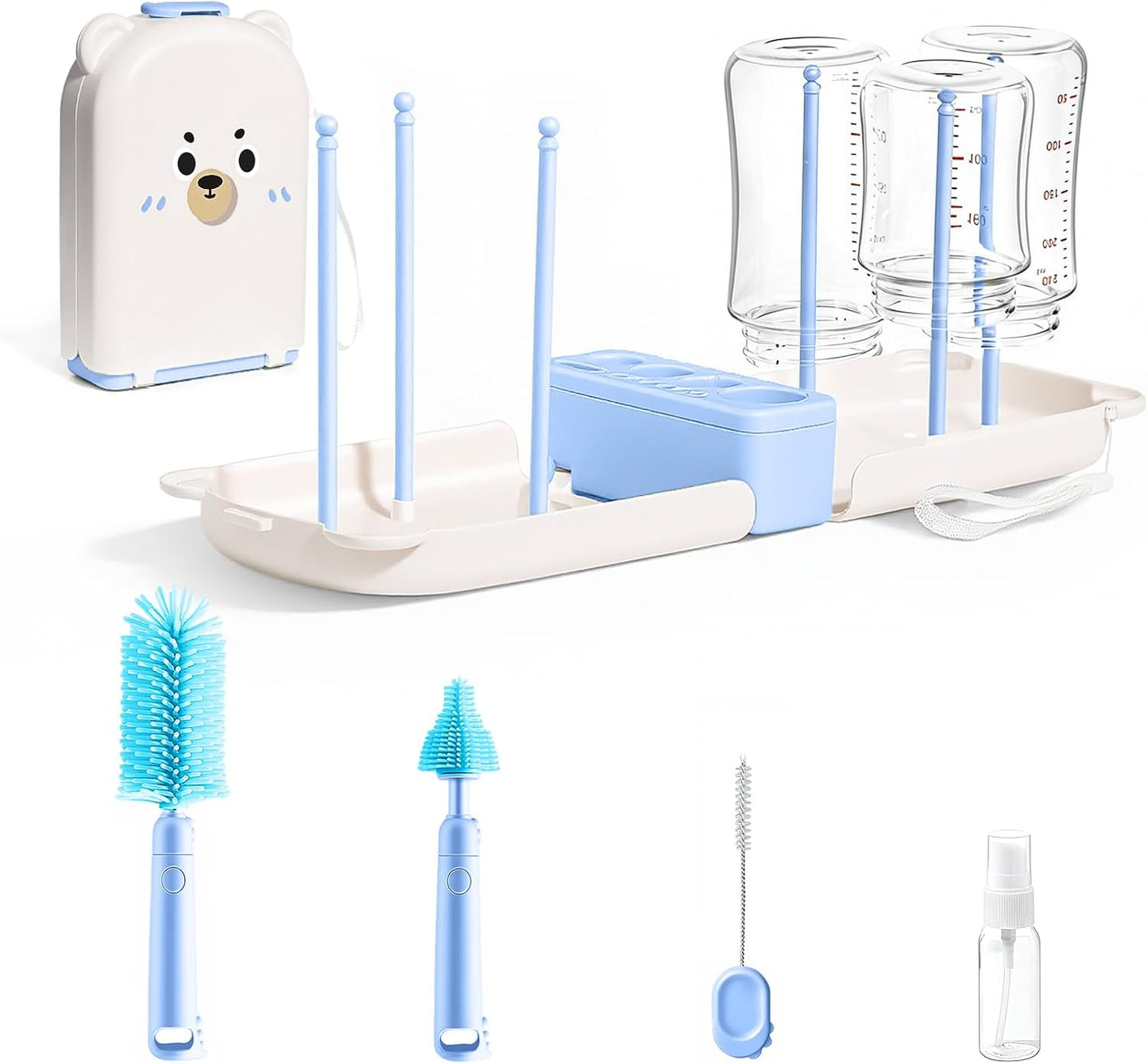 LEQXGO Travel Baby Bottle Cleaner Kit with Storage Case, 7-in-1 Baby Bottle Brush Set with Drying Rack for Breast Pump Parts, Bottle Washing Kit - Baby Travel Essential for Flying & On-the-Go (Blue)