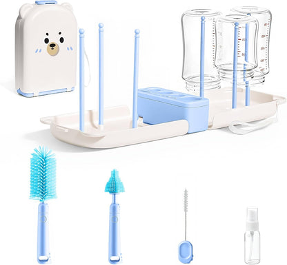 LEQXGO Travel Baby Bottle Cleaner Kit with Storage Case, 7-in-1 Baby Bottle Brush Set with Drying Rack for Breast Pump Parts, Bottle Washing Kit - Baby Travel Essential for Flying & On-the-Go (Blue)