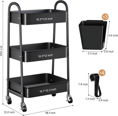 3 Tier Heavy Duty White Metal Rolling Cart with Lockable Wheels, Three Tier Roller Book Snack Cart, Utility Storage Organizer Carts for Kitchen, Bathroom, Garage, Baby Diaper, Craft, Art, Teacher