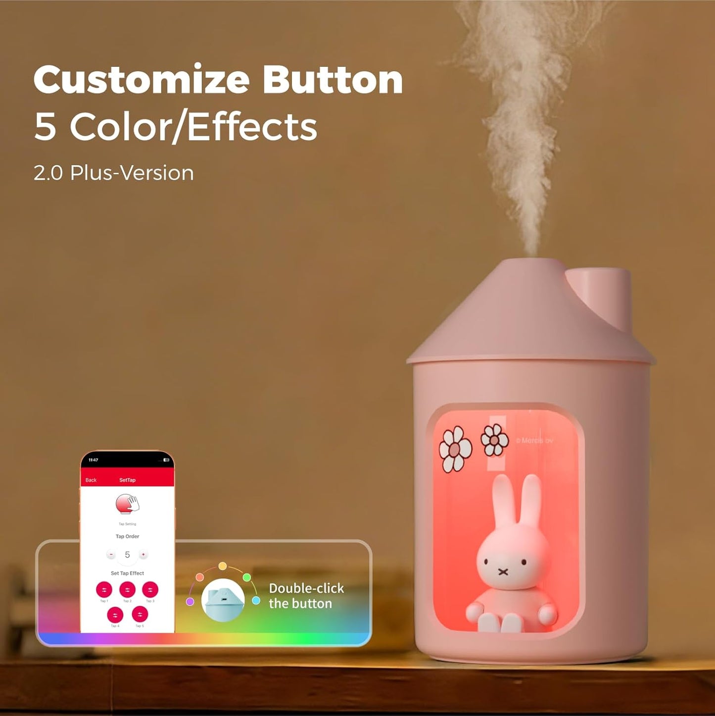 Mipow X Miffy Double Spray Humidifier 2.0 Smart App-Control RGB LED, Mini Cute Humidifier with Night Light, 500ml for Bedroom, Nursery/Office - Blue