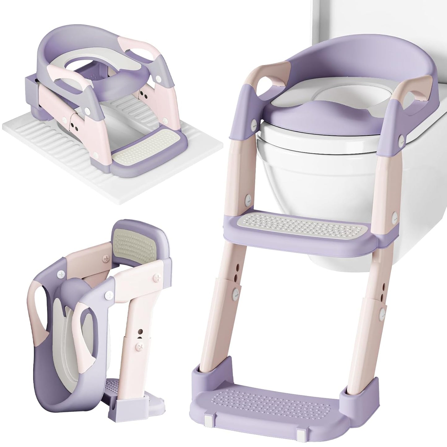Potty Training Seat 3-in-1 Toddler Toilet Ladder (Toilet, Ladder, Squatting Aid) for Children Boys Girls with Removable Cushion, Anti-Splash & Foldable Design - Grey