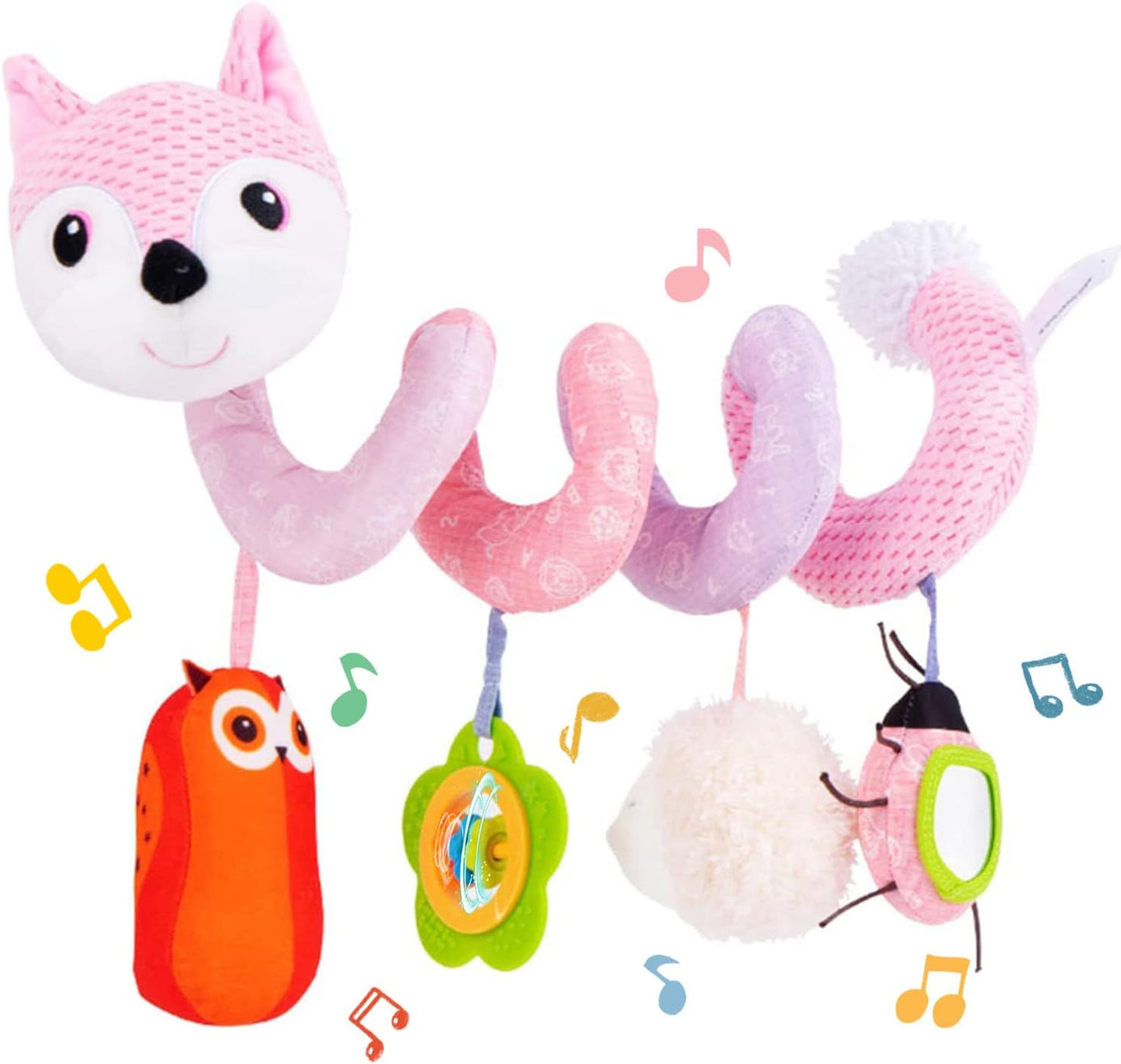 Koty Car Seat Toys, Infant Baby Spiral Plush Activity Hanging Toy for Stroller Bar Pram Crib with Music Box BB Squeaker & Rattles(Black Fox)
