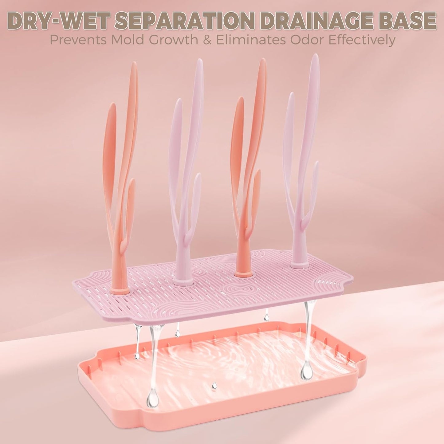 Baby Bottle Drying Rack with Tray – Space Saving Bottle Organizer & Drying Holder for Bottles, Cups, Nipples and Pump Parts – Countertop Rack for Baby Feeding Supplies (Purple/Pink)