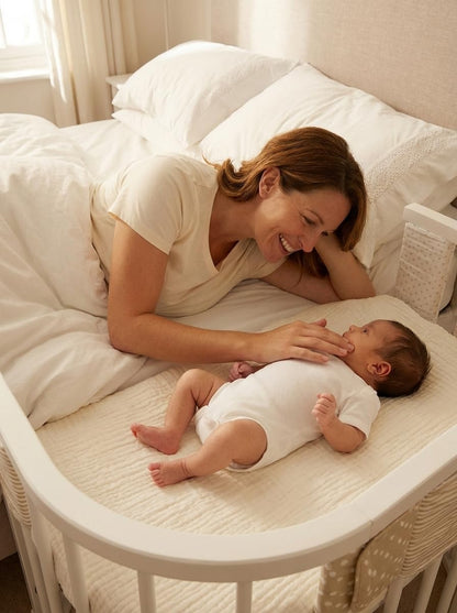Muslin Bedside Bassinet Sheets 2 Pack, 33x20 Fitted Ultra Soft & Breathable Bedside Sleeper Sheets, Ideal for Baby Girl and Boy, Perfect for Newborns (Hopping Bunnies & Beige)