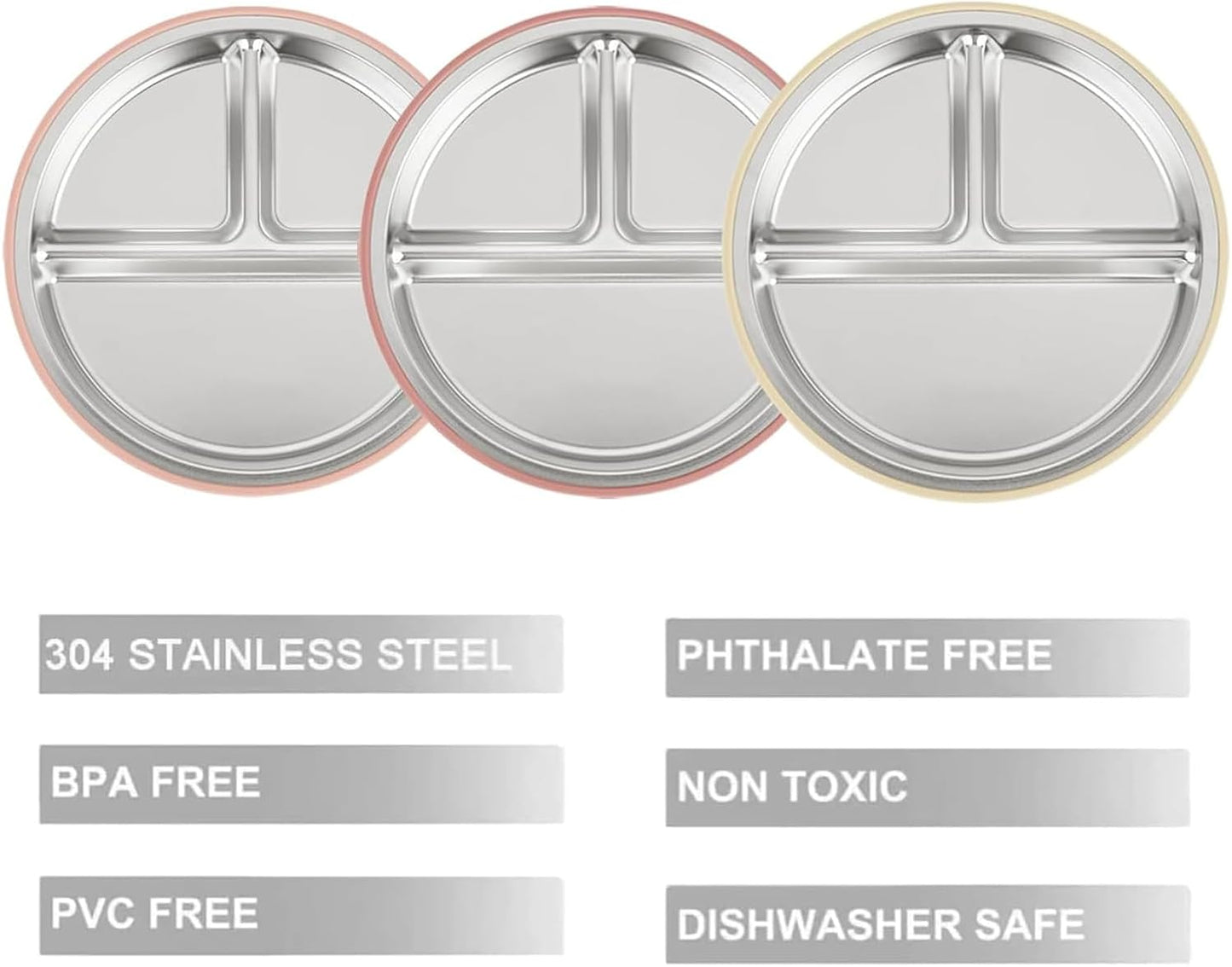 PandaEar 3 Pack Stainless Steel Baby Suction Plates, Divided Toddler Plate for Baby Led Weaning Supplies, Non-Slip Toddler Baby Feeding Set Dishwasher Safe (Pink/Linen/Light Pink)