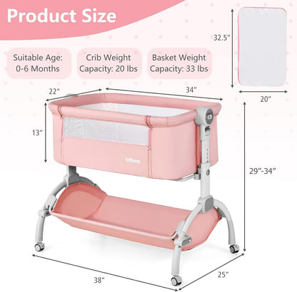 INFANS 3 in 1 Baby Bassinet, Bedside Sleeper, Rocking Cradle, Easy Folding Portable Safer Co-Sleeping Crib with Height Adjustable, Wheels Storage Basket Travel Bag for Infant Newborn (Gray)
