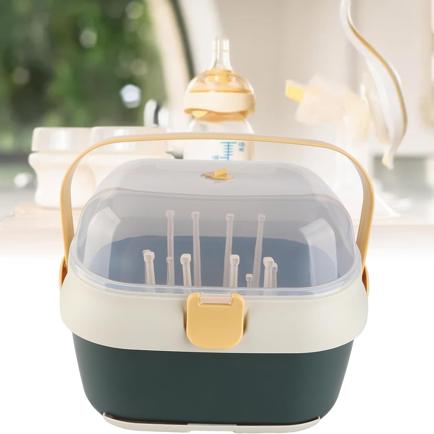 Baby Bottle Drain Rack, Feeding Cup Holder, Portable Large Capacity Toddler Bottles Storage Box with Lid Cover, Multifunctional Anti Dust Cutlery Storage Drying Rack for Teats, (Purple)