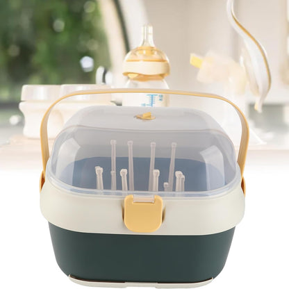 Baby Bottle Drain Rack, Feeding Cup Holder, Portable Large Capacity Toddler Bottles Storage Box with Lid Cover, Multifunctional Anti Dust Cutlery Storage Drying Rack for Teats, (Purple)