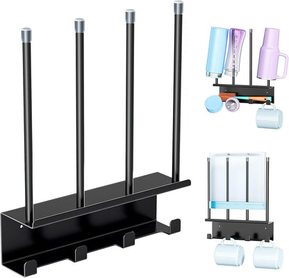 Wall Mounted Water Bottle Drying Rack, Baby Bottle Dryer Rack, Metal Cup Rack Dryer Stand, Mug Holder with Storage Rack, Mug Hooks for Bottle Cap, Bottle Drying Rack for Cups, Plastic Bags (Black)