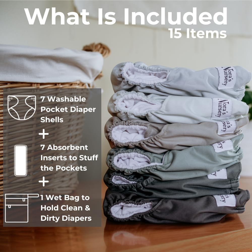 Nora's Nursery AWJ Cloth Diapers 7 Pack with 1 Wet Bag - Waterproof Cover, Washable, Reusable & One Size Adjustable Pocket Diapers for Newborns and Toddlers - Dahlia