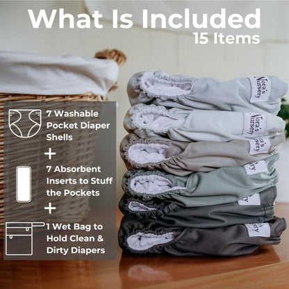 Nora's Nursery AWJ Cloth Diapers 7 Pack with 1 Wet Bag - Waterproof Cover, Washable, Reusable & One Size Adjustable Pocket Diapers for Newborns and Toddlers - Dahlia