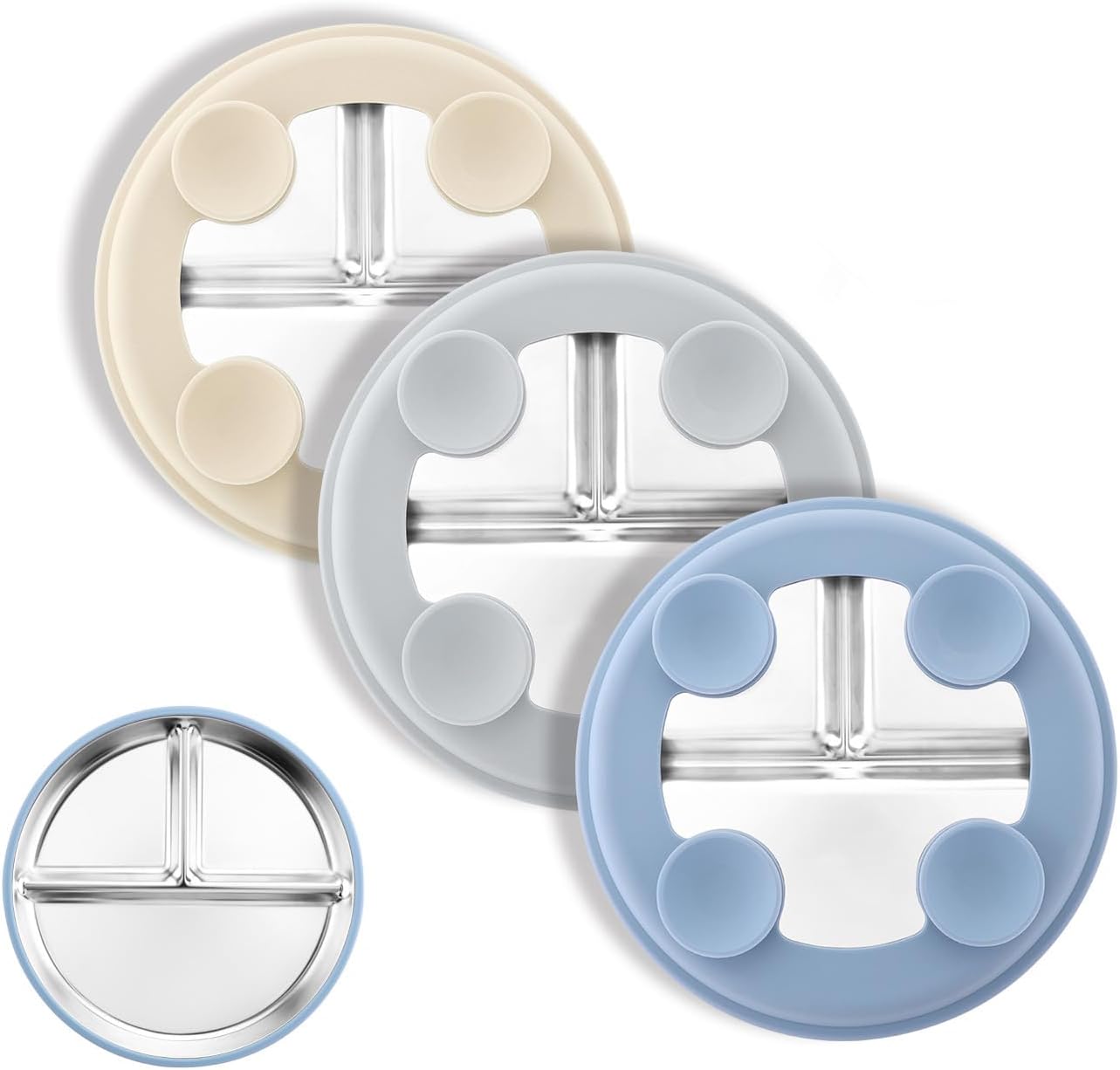 Bakpoco Stainless Steel Toddler Plate with Suction, 9” Divided Plates with Removable Silicone Sleeves for Kids, Non Toxic & BPA Free | Non Slip | Unbreakable Baby Snack Dishes Set of 2, Blue & Gray