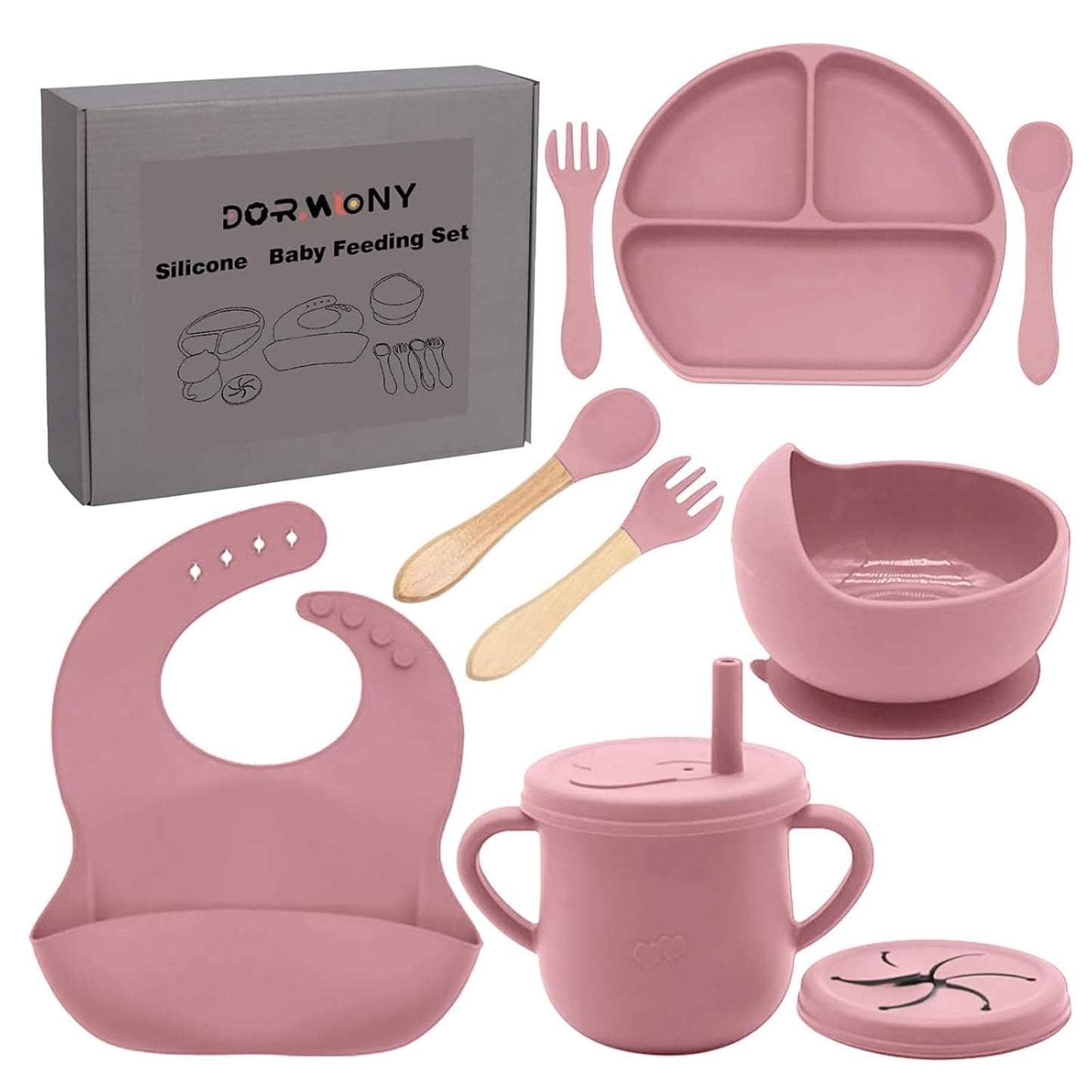 100% Silicone Baby Feeding Set, BPA Free Baby Dishes with Suction Bowl, Divided Plate, Toddler Self Feeding Dish Set with Spoons, Forks, Sippy Cup and Bib, Baby Eating Utensils (Navy Blue)