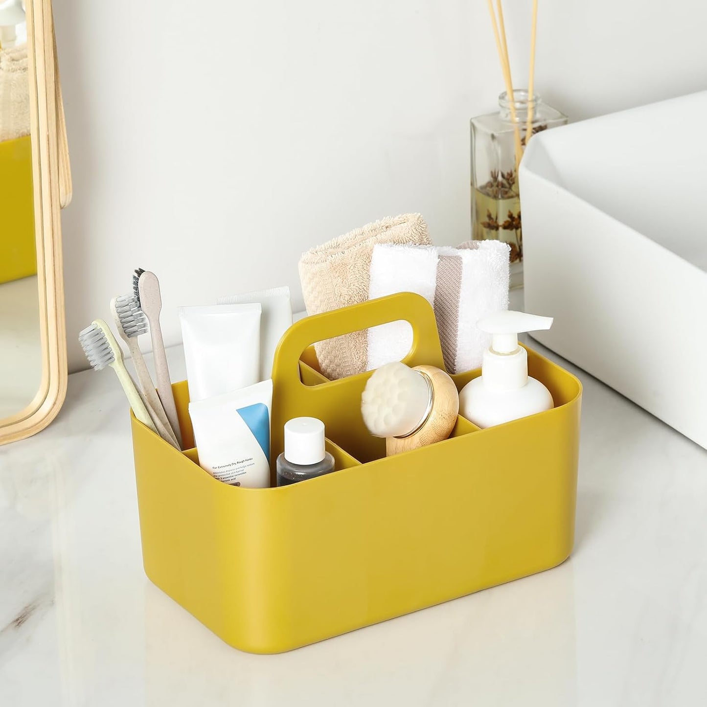 Multiuse Caddy Organizer with Handle, Portable Divided Plastic Tote Bin - Art Craft, Stationary Pen Marker Crayons, Makeup Hair Supplies Storage - Bathroom, Classroom, Dorm, Office, Desk Holder - Pink