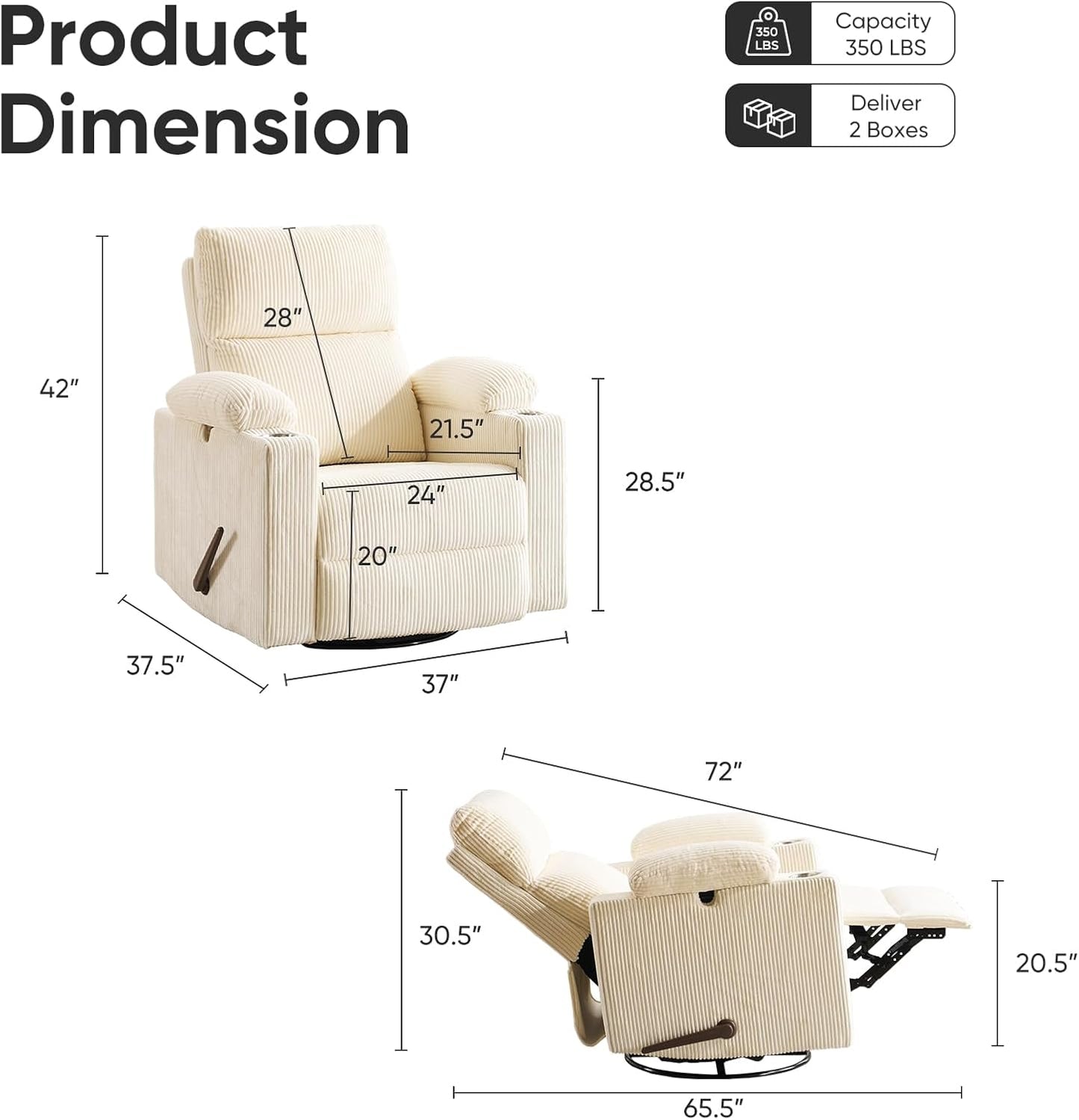 Rocking Chair Nursery with Adjustable Armrests, Electric Glider Recliner Nursing Chair for Breastfeeding, Power Swivel Recliner Chairs with Massage and Heat, Adjustable Headrest , FSC Certified, White
