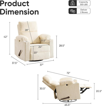 Rocking Chair Nursery with Adjustable Armrests, Electric Glider Recliner Nursing Chair for Breastfeeding, Power Swivel Recliner Chairs with Massage and Heat, Adjustable Headrest , FSC Certified, White