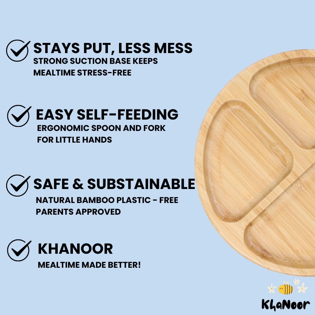 Bamboo Toddler Plate & Bowl Set with Strong Suction – Includes Plate, Bowl, Spoon & Fork – Baby Plates with Suction for Baby Led Weaning, Kids Feeding Essentials, Non-Toxic & BPA Free
