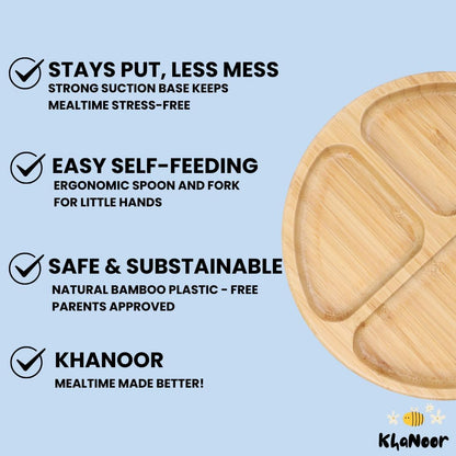 Bamboo Toddler Plate & Bowl Set with Strong Suction – Includes Plate, Bowl, Spoon & Fork – Baby Plates with Suction for Baby Led Weaning, Kids Feeding Essentials, Non-Toxic & BPA Free