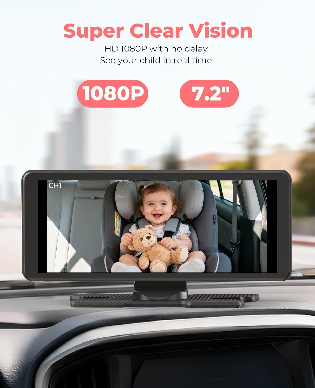 LUCKVIEW BM5PRO 7.2" Dual Camera Baby Monitor, 1080P HD Display for 2 Kids, Night Vision, Easy Install Car Baby Monitor, Ideal Gift, Rear Seat Safety for Babies & Pets