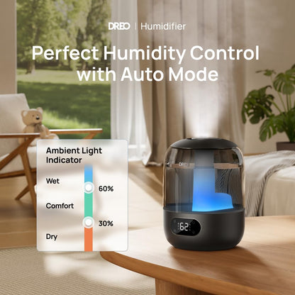 DREO Humidifiers for Bedroom, 3L Top Fill 30H & 26dB Quiet Runtime for Large Room, Cool Mist Ultrasonic Humidifier with Humidity Sensor, Night Light for Home, Baby, Nursery, Plants, New Edition