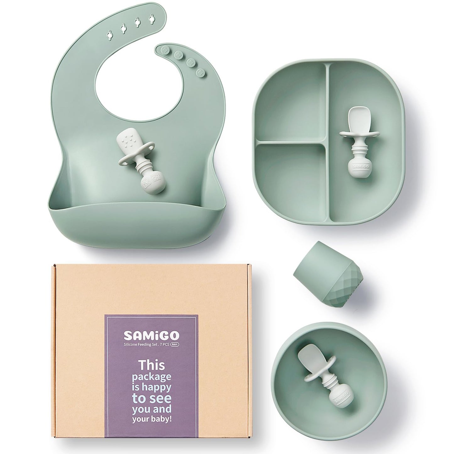 SAMiGO Silicone Baby Feeding Set, Baby Led Weaning Supplies, Suction Bowl Plate Bib Cup Self Feeding Spoons, Solid Food Eating Essentials, First Stage Utensils, 6+ Months