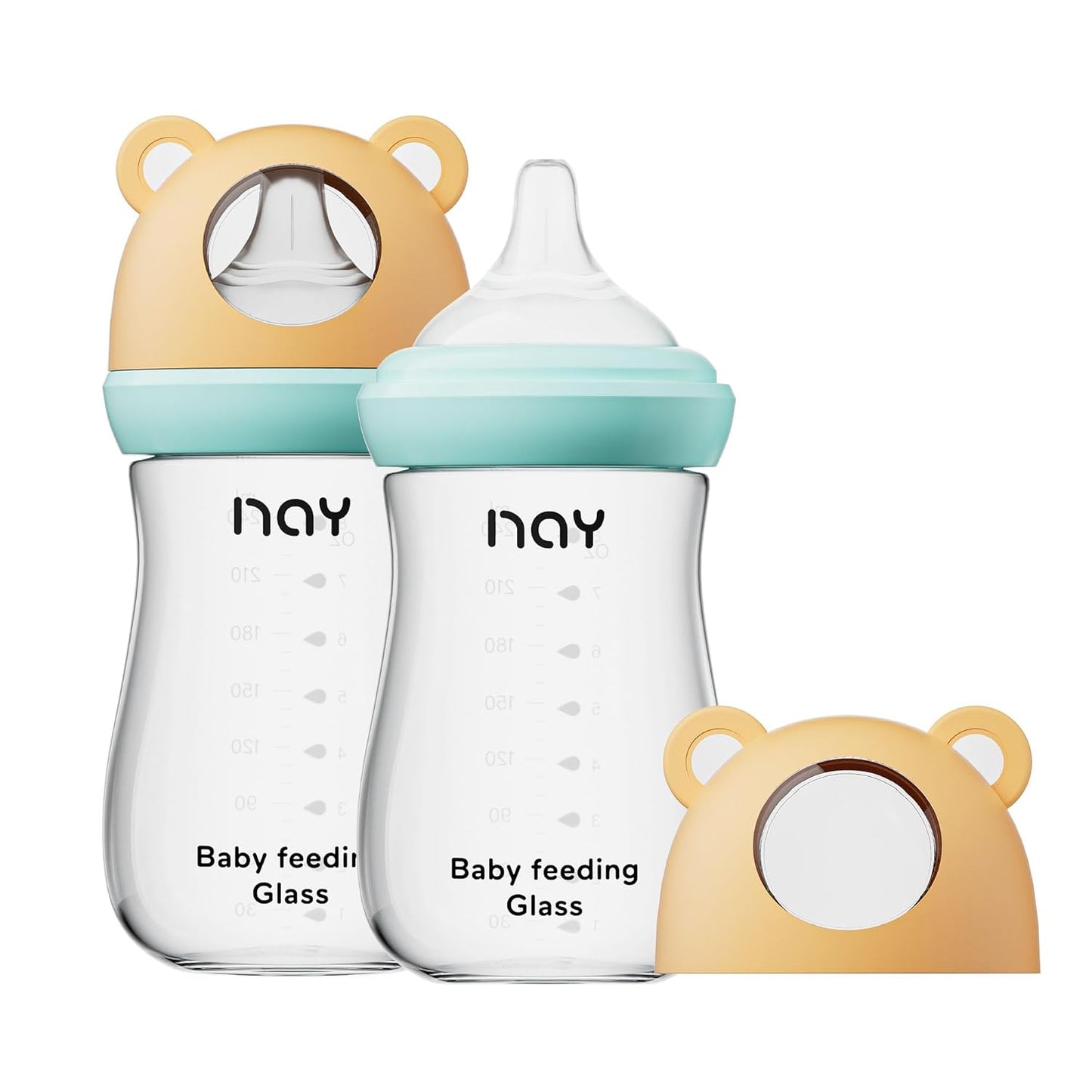 yanyoyo Natural Glass Baby Bottle for Breastfeeding Babies, 5.4oz Anti-Colic Baby Bottle with Natural Response Nipple(S), Clear, Wide Neck, 2 Pack, 1 Months+