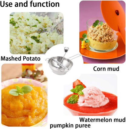 Rotary Food Mill Potato Ricer with 3 Interchangeable Disks, Great for Making Puree or Soups of Vegetables, Baby Foods, Stainless Steel 2 Quart Kitchen Mills, Easy Clean and Assemble, Manual Operati