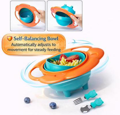 360° Baby Magic Bowl with Spoon Combo, Spill-Proof Gyro Balancing Feeding Bowl for Kids & Toddlers, BPA-Free, Anti-Spill Snack Bowl, Non-Slip, Portable Baby Food Bowl with Lid (Blue)