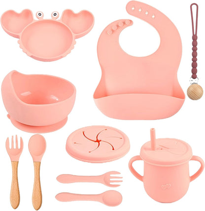 Silicone Baby Feeding & Weaning Set – Food-Grade Baby Led Weaning Supplies with Suction Plate, Bowl, Bib, Sippy Cup & Soft Spoon Fork – Dishwasher & Microwave Safe (Brown)